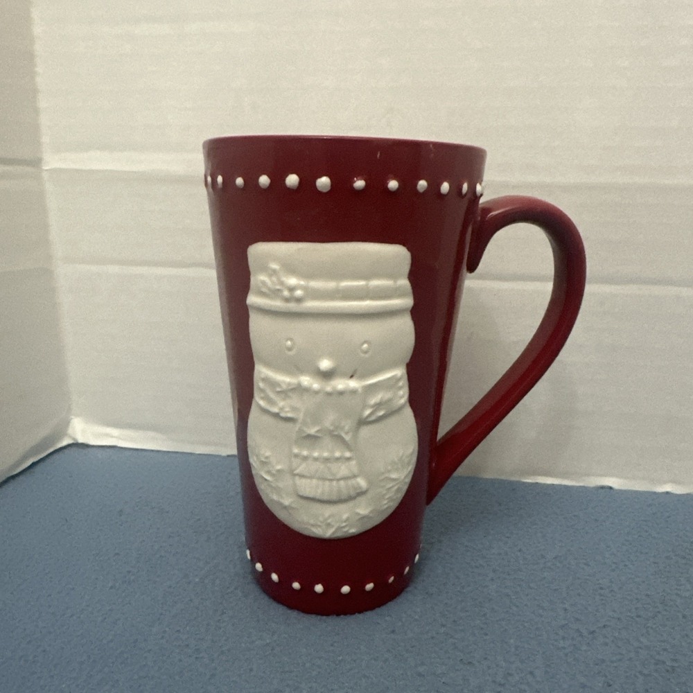Hallmark Red 2018 Embossed w/White Christmas Snowman 16oz Tall Coffee Mug